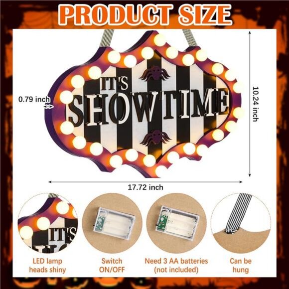 Halloween Door Sign Light Sign Decoration It's Showtime with LED Lights Wooden - Picture 2 of 7